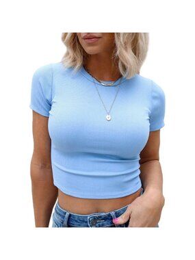 Kovbin Womens Blue Short Sleeve Basic Cute Baby Tees Slim Fit Rib Knit Shirts